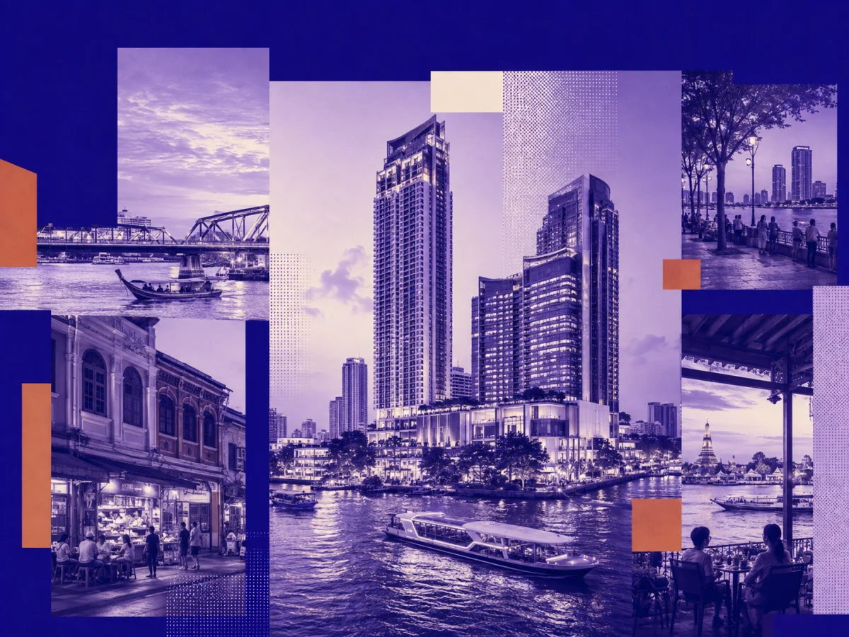 Riverfront city district with commercial and residential development