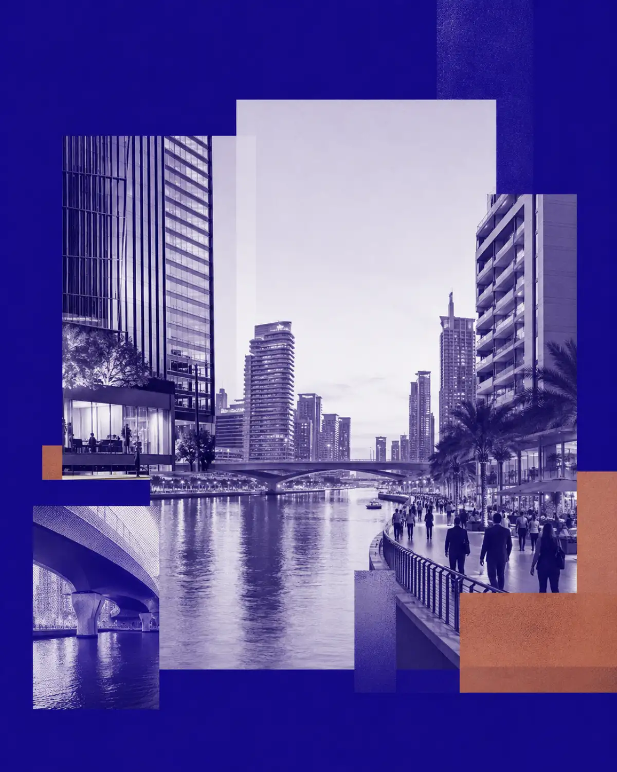 NITARYA collage of Business Bay towers, Dubai Canal promenade, bridge and waterfront at dusk