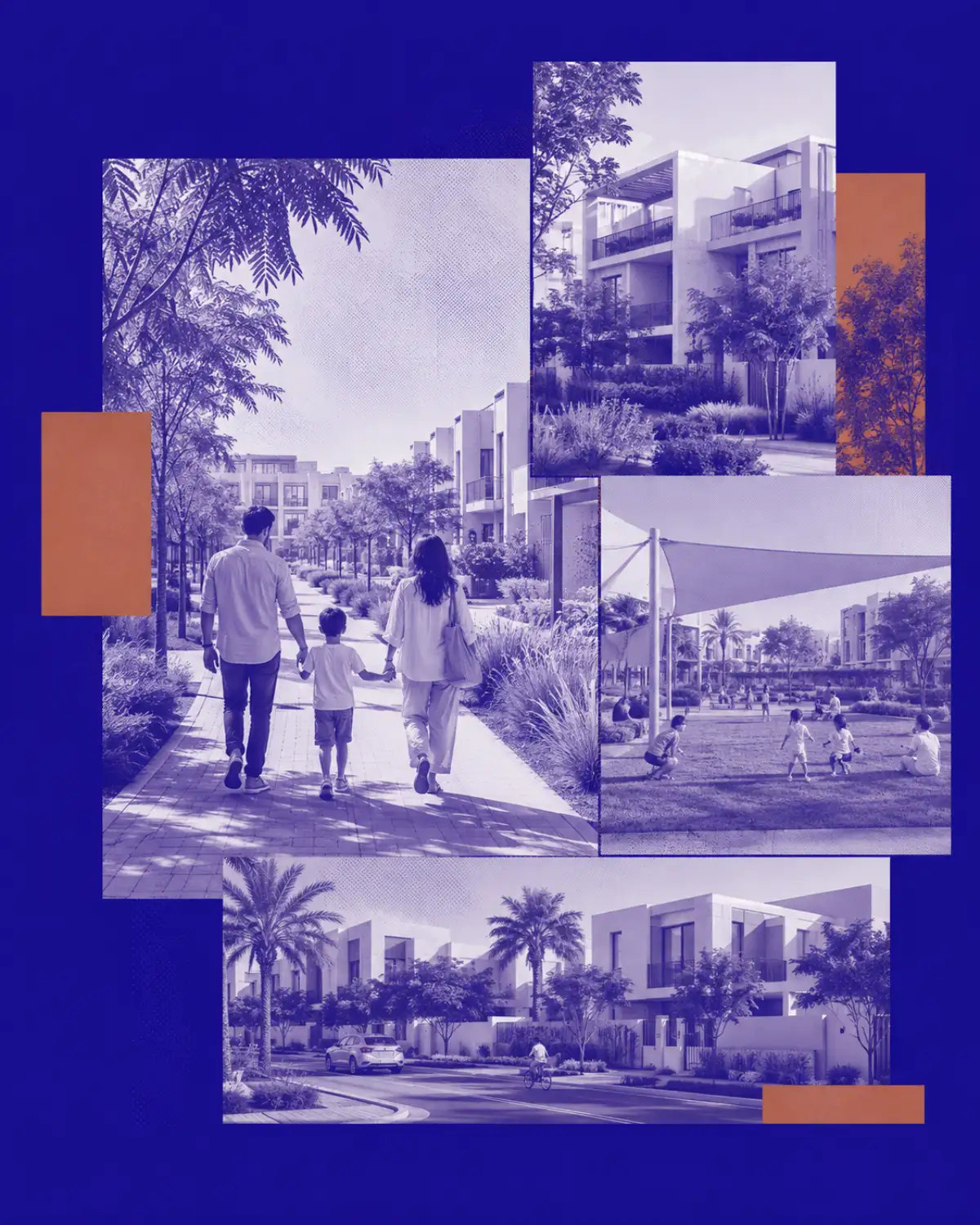 NITARYA collage of a landscaped Dubai family community with townhouses, villas, parks and walking paths