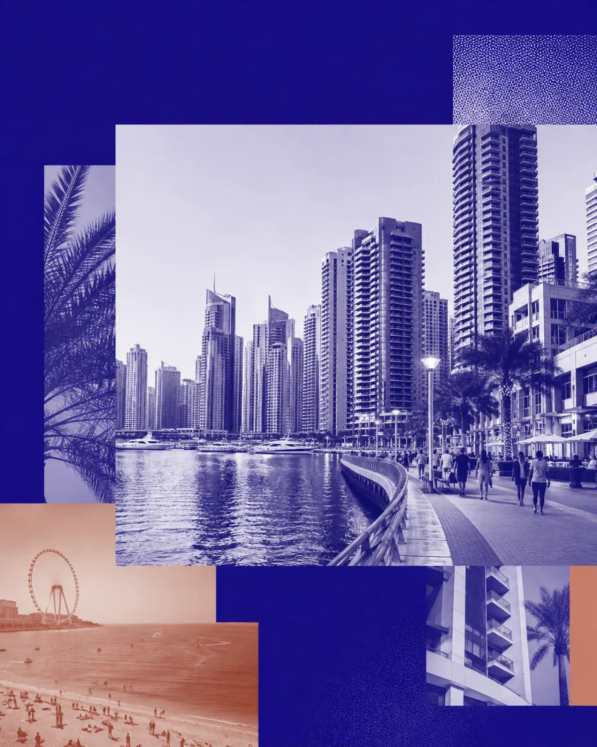 NITARYA collage of Dubai Marina towers, promenade, waterfront and JBR beach