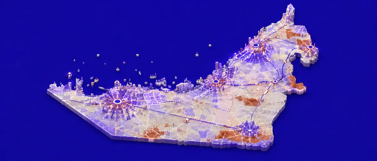 Illustrated UAE map showing connected cities, transport corridors and urban centres