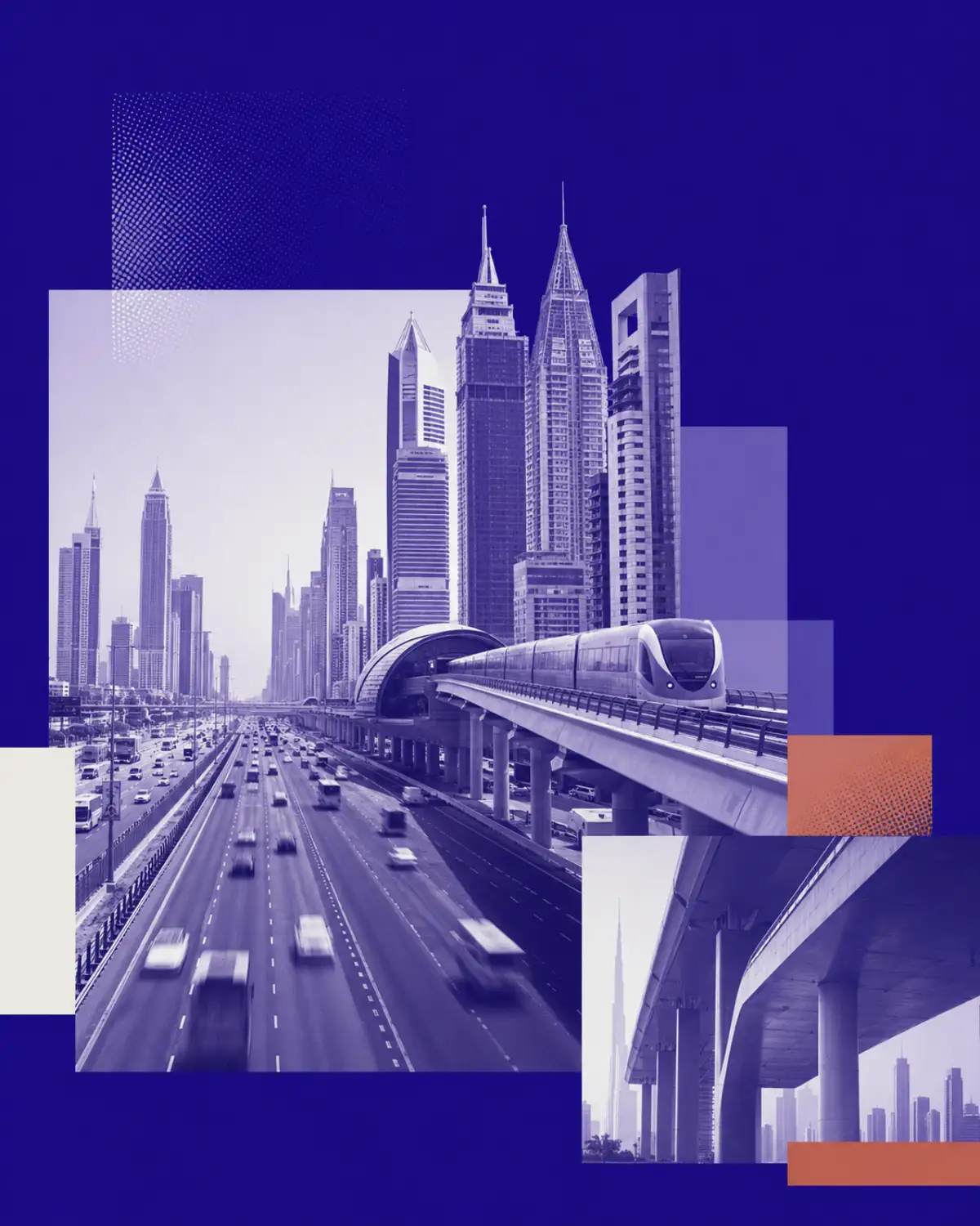 NITARYA collage of Dubai Metro, Sheikh Zayed Road and high-rise transport corridors