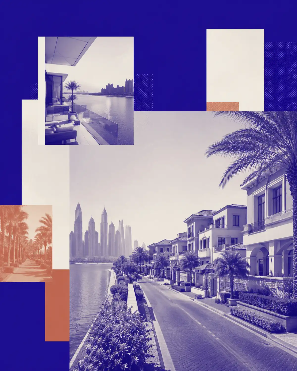 NITARYA collage of Dubai waterfront villas, balconies, palm-lined streets and skyline