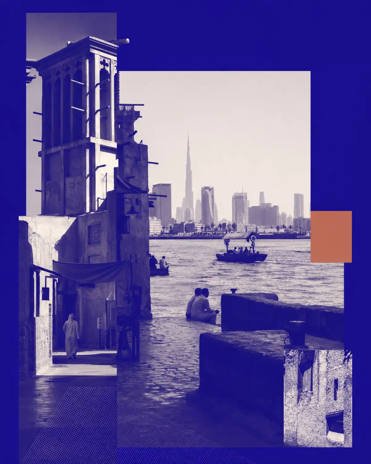NITARYA collage of Old Dubai wind towers, abra boats, creek edge and modern skyline