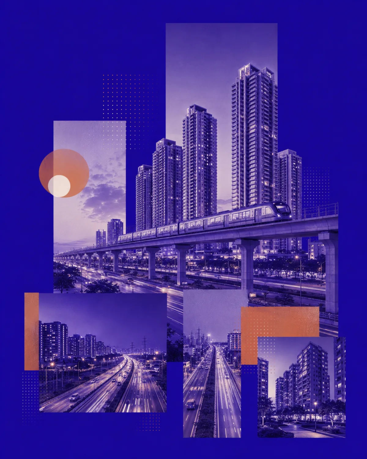 NITARYA collage of an Indian metro train, high-rise homes and illuminated city roads