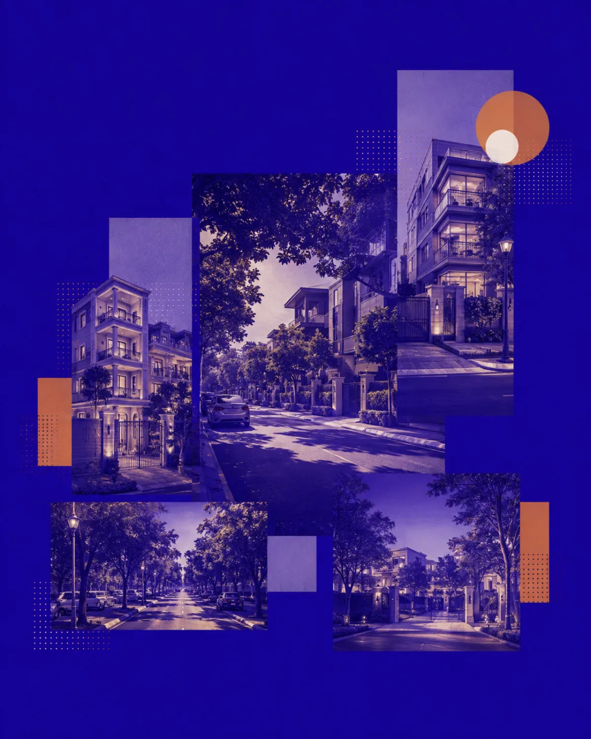 NITARYA collage of tree-lined Indian residential neighbourhoods, gated homes and apartment buildings