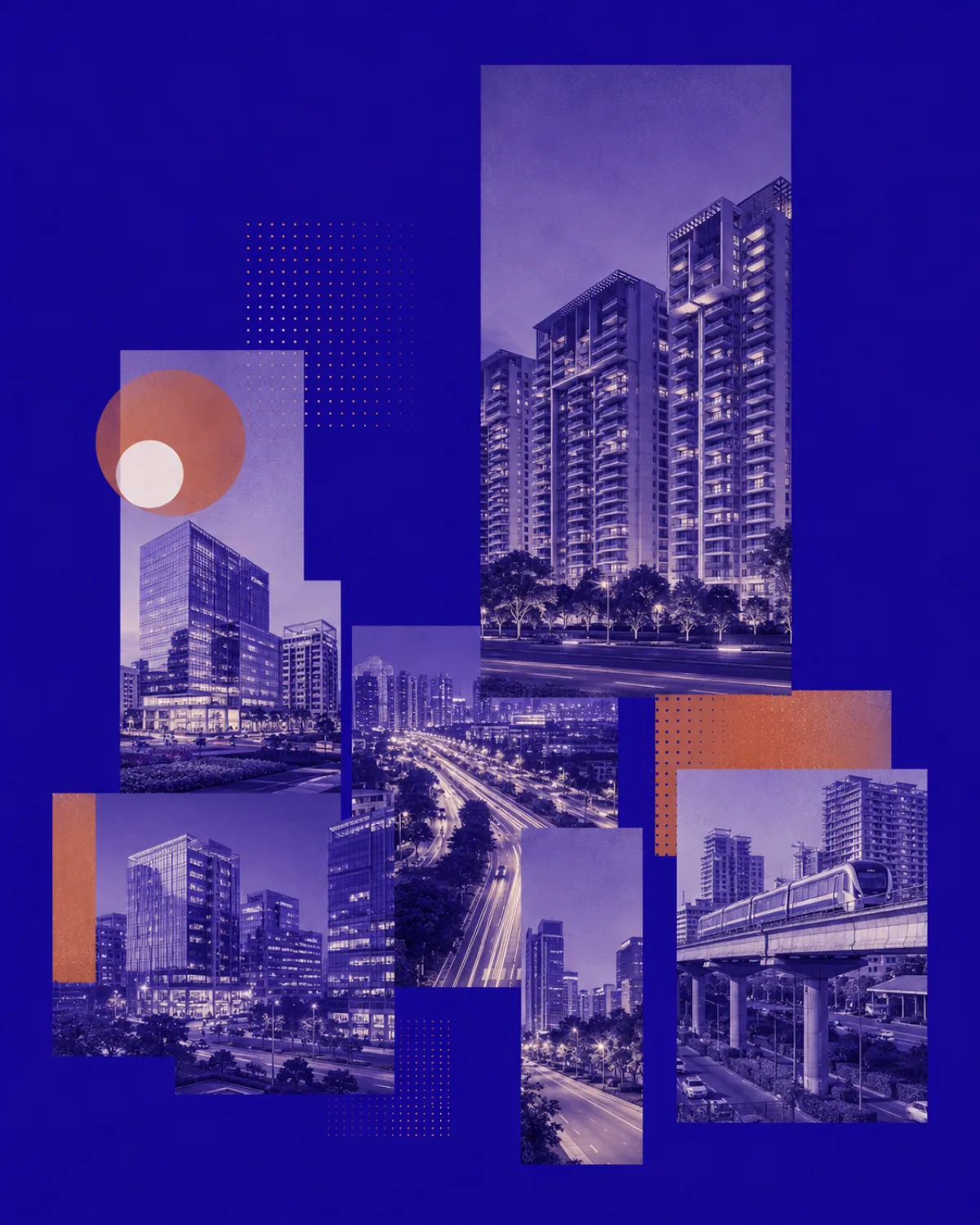 NITARYA collage representing Hyderabad growth corridors with offices, homes, roads and elevated transit