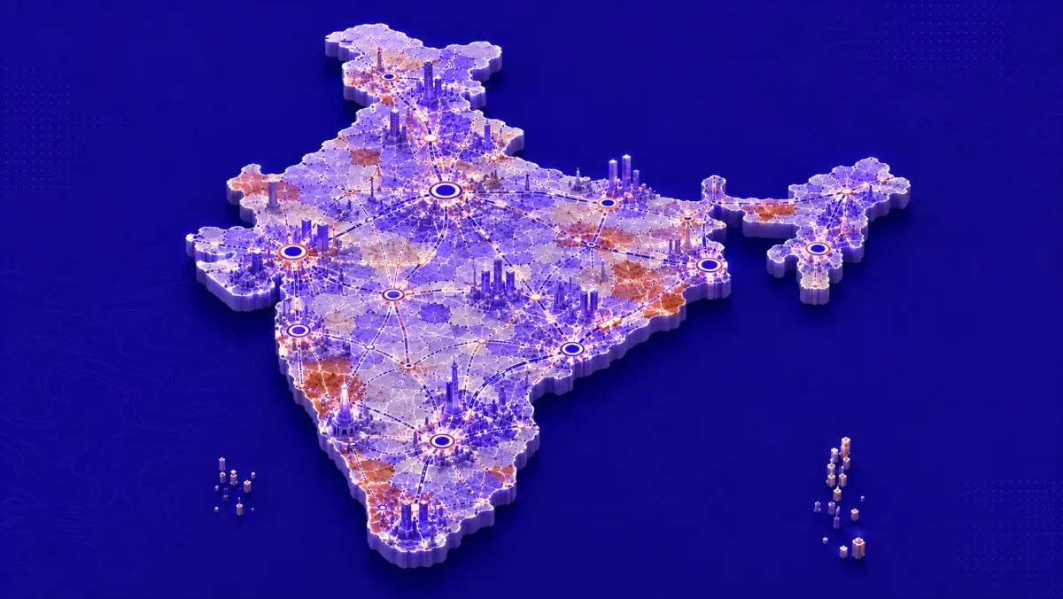 Illustrated India map showing connected cities, transport corridors and urban centres