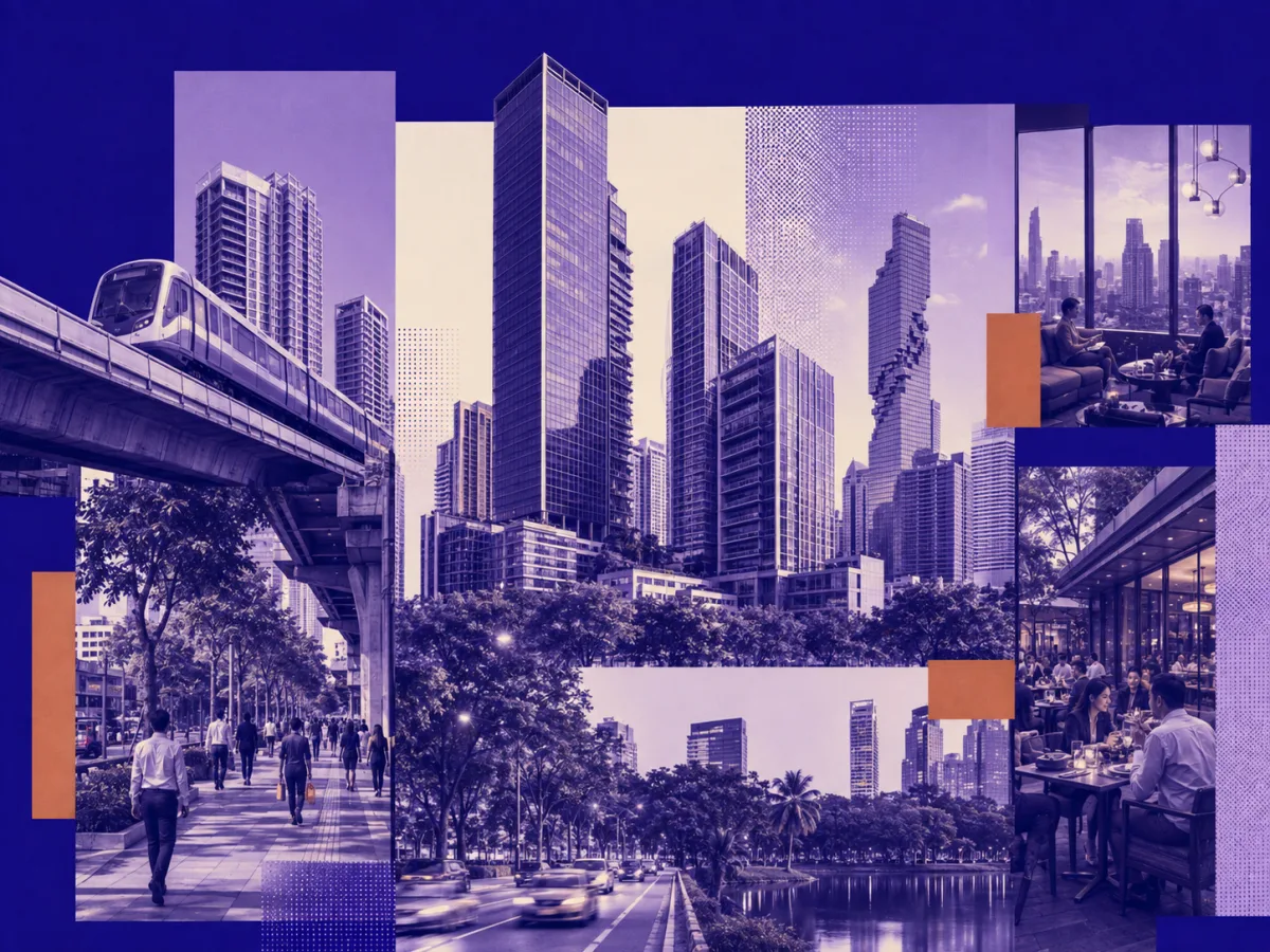 NITARYA collage of Bangkok condominiums, rapid transit, city parks and urban neighbourhood life