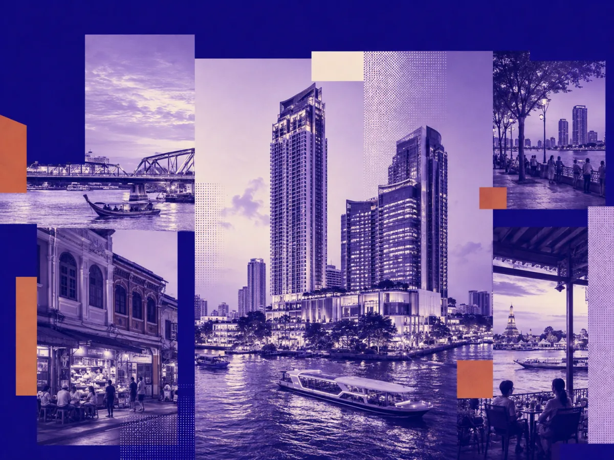 NITARYA collage of Bangkok riverside towers, boats and local neighbourhood life