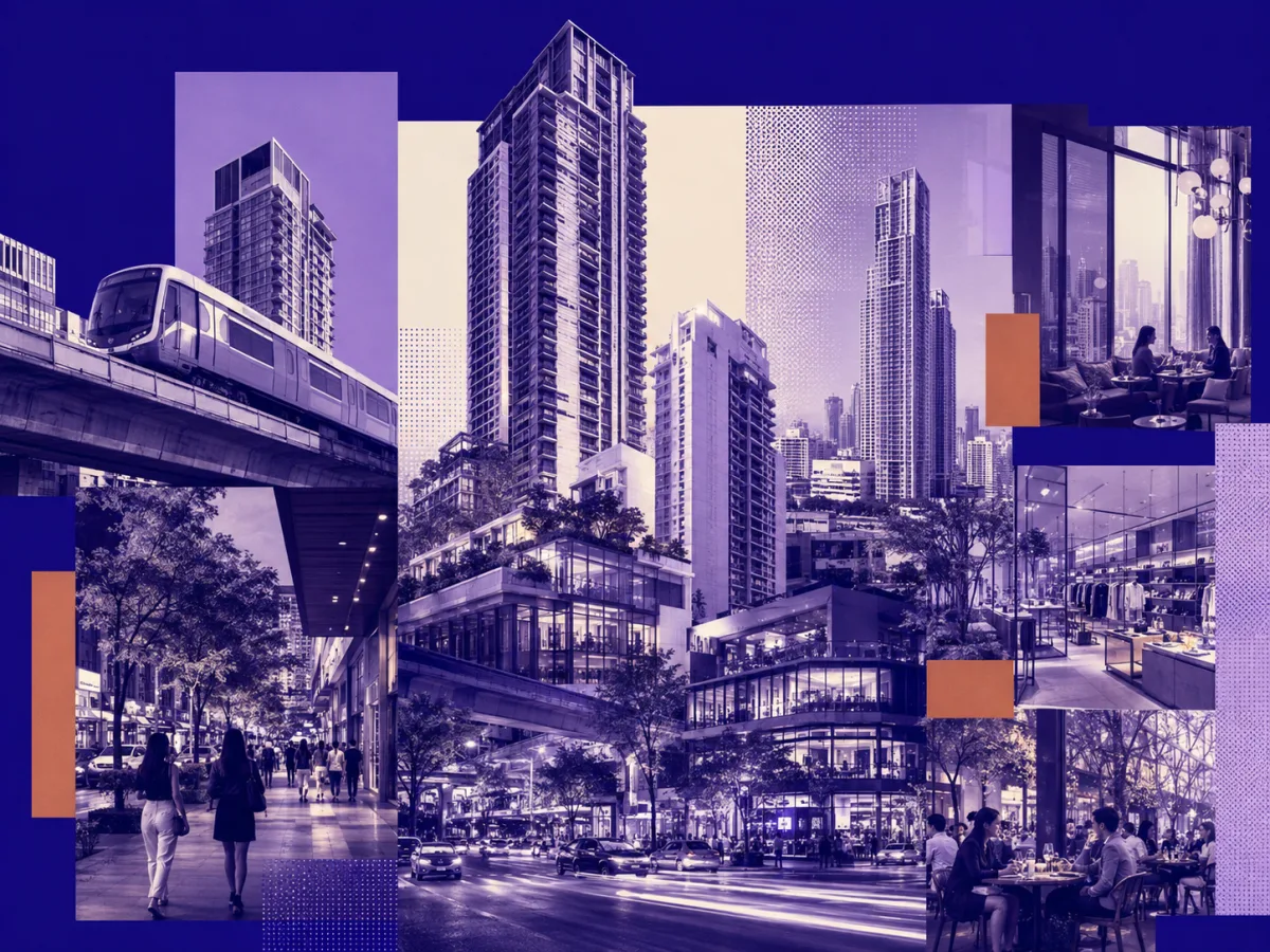 NITARYA collage of Bangkok rail transit, condominiums and active streets